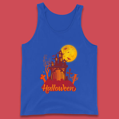 Halloween Lettering With Full Moon Scary Haunted House Flying Bats Horror Graveyard Tank Top