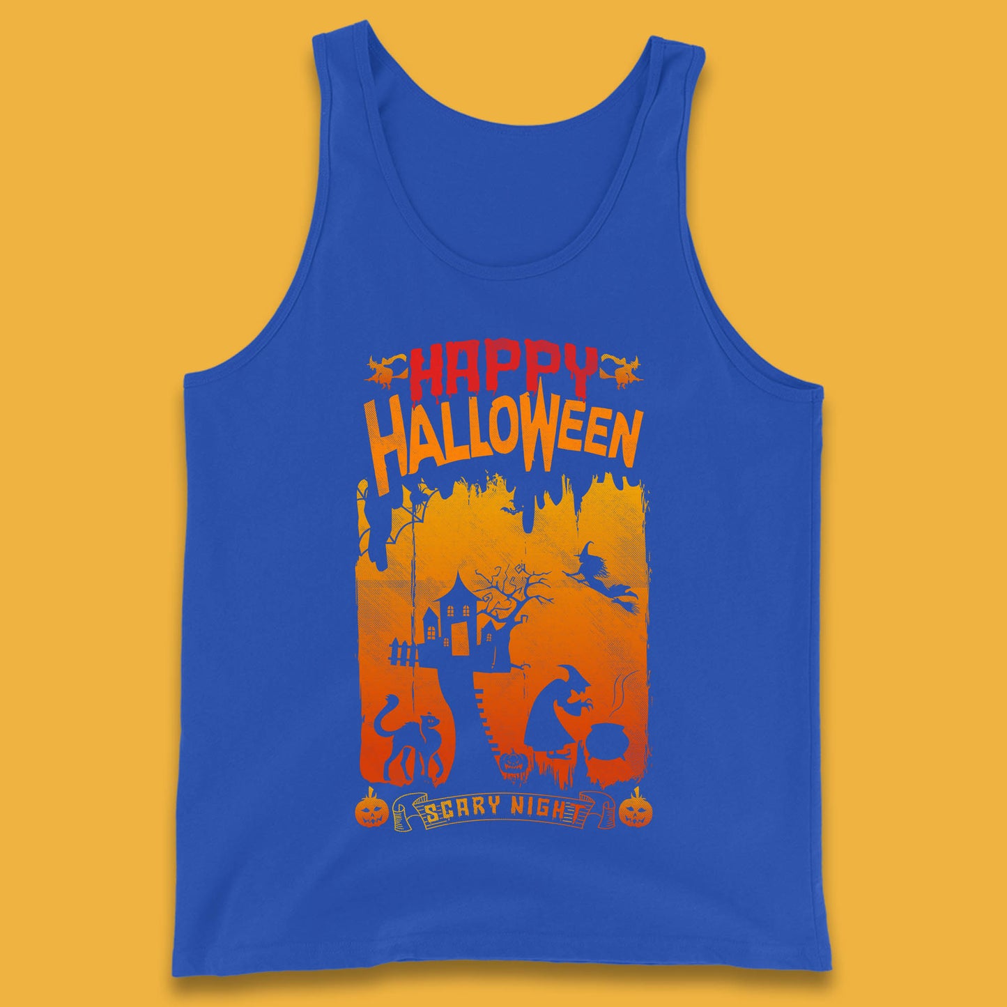 Happy Halloween Horror Hunted House Flying Witch Scary Spooky Night Tank Top