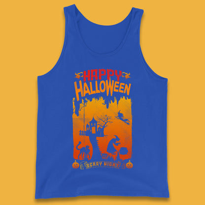 Happy Halloween Horror Hunted House Flying Witch Scary Spooky Night Tank Top