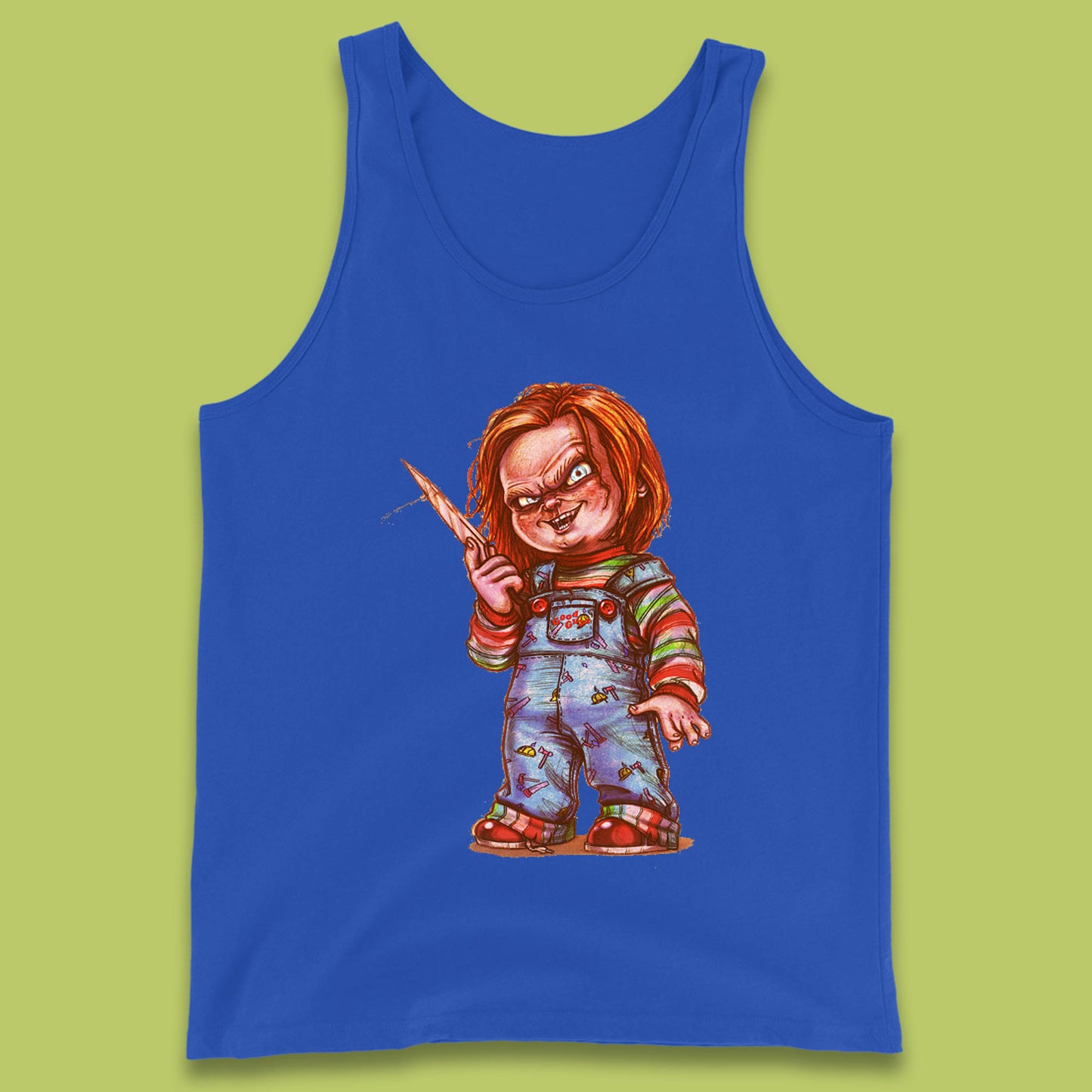 The Horror Movie Character Chucky With Knife Serial Killer Halloween Horror Movie Inspired Chucky Tank Top