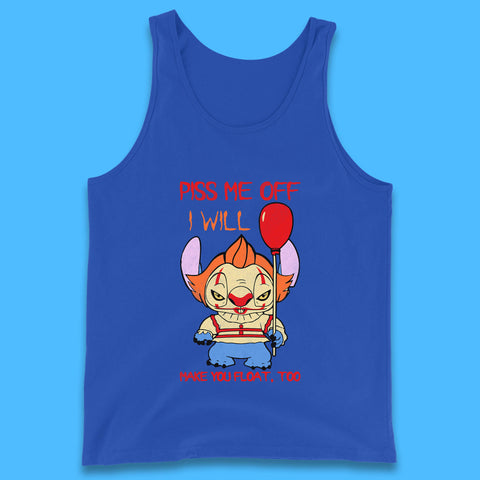 Piss Me Off I Will Make You Float, Too Halloween IT Pennywise Clown & Disney Stitch Movie Mashup Parody Tank Top