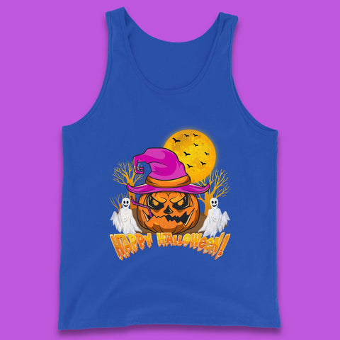 Happy Halloween Pumpkin Witch Hat Jack-o'-lantern With Full Moon Flying Bats Horror Scary Boo Ghost Tank Top