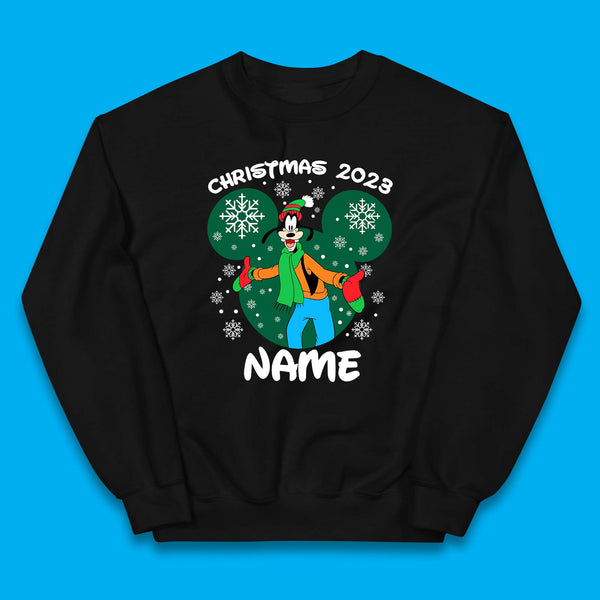 Personalised Christmas 2023 Your Name Santa Goofy And Pluto Xmas Disney Mickey And Friends Kids Jumper