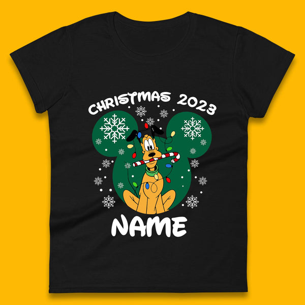 Personalised Christmas 2023 Your Name Santa Goofy And Pluto Xmas Disney Mickey And Friends Womens Tee Top