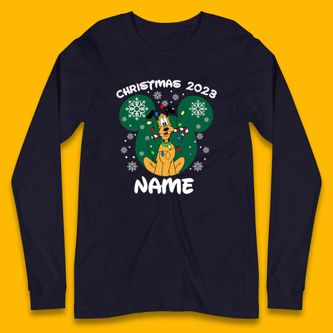 Personalised Christmas 2023 Your Name Santa Goofy And Pluto Xmas Disney Mickey And Friends Long Sleeve T Shirt
