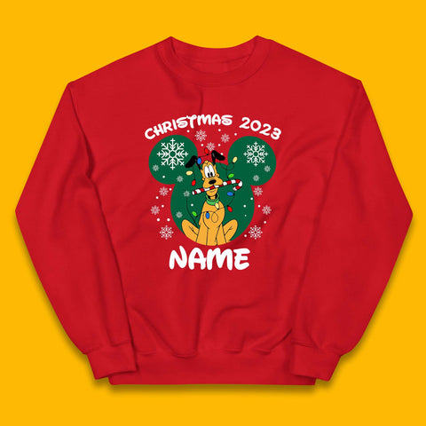 Personalised Christmas 2023 Your Name Santa Goofy And Pluto Xmas Disney Mickey And Friends Kids Jumper