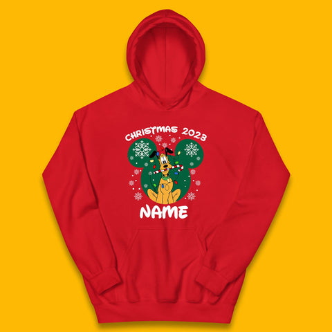 Personalised Christmas 2023 Your Name Santa Goofy And Pluto Xmas Disney Mickey And Friends Kids Hoodie