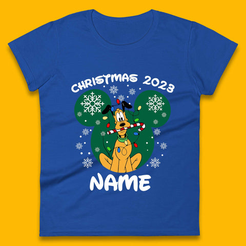 Personalised Christmas 2023 Your Name Santa Goofy And Pluto Xmas Disney Mickey And Friends Womens Tee Top
