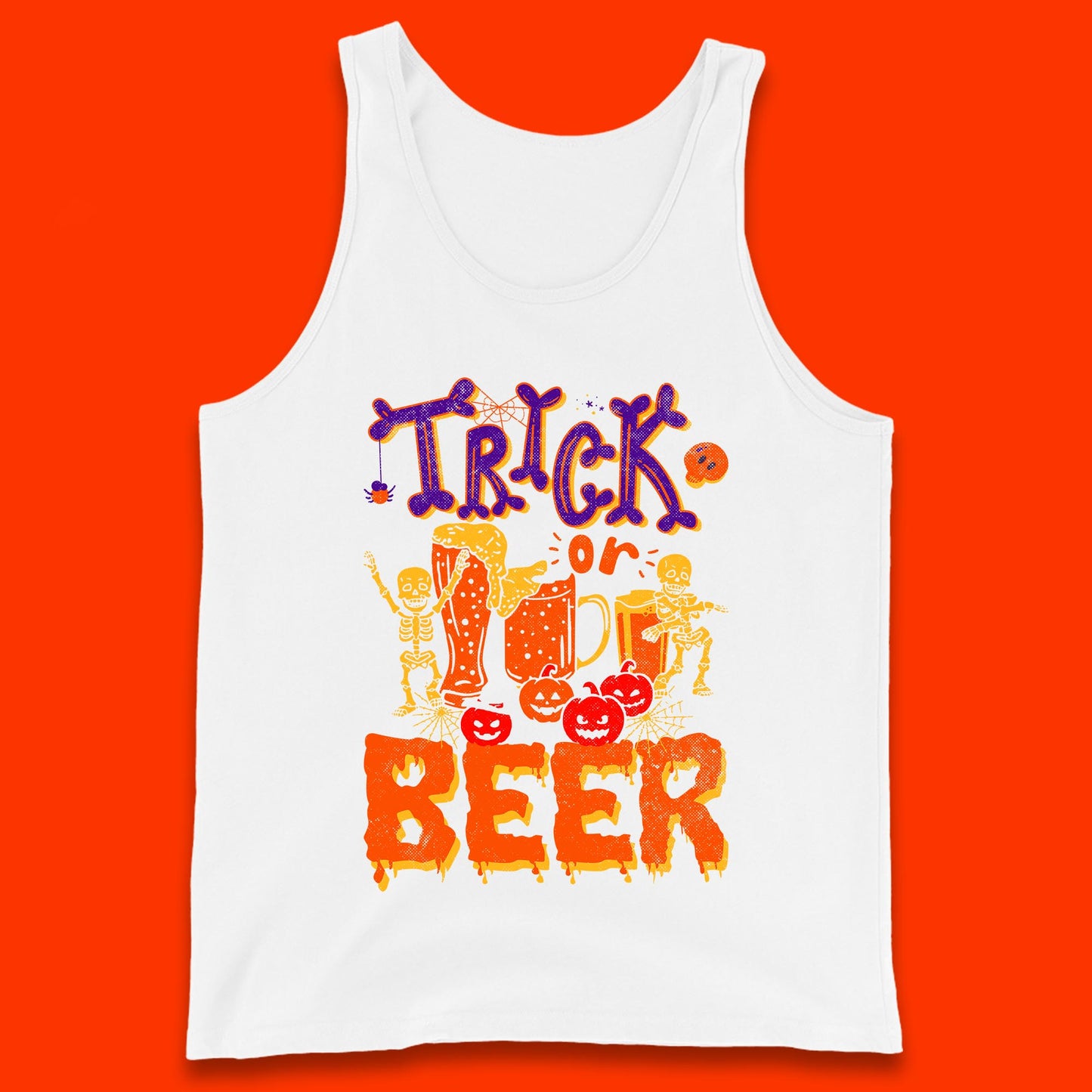 Trick Or Beer Halloween Drinking Beer Lover Dancing Skeleton Drinker Halloween Party Tank Top