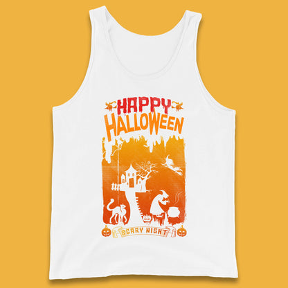 Happy Halloween Horror Hunted House Flying Witch Scary Spooky Night Tank Top