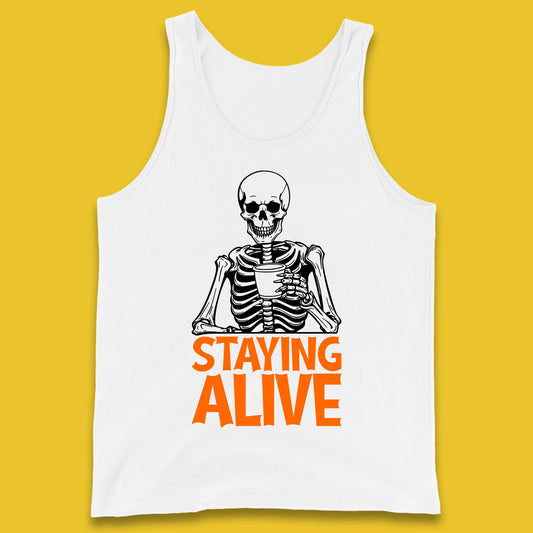 Staying Alive Funny Skeleton Trendy Coffee Halloween Skull Vintage Coffee Lovers Tank Top