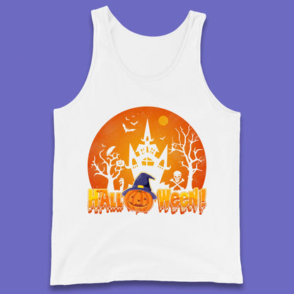 Halloween Pumpkin Witch Hat Haunted Castle Flying Bats Skull Bones Scary Dark Night Tank Top