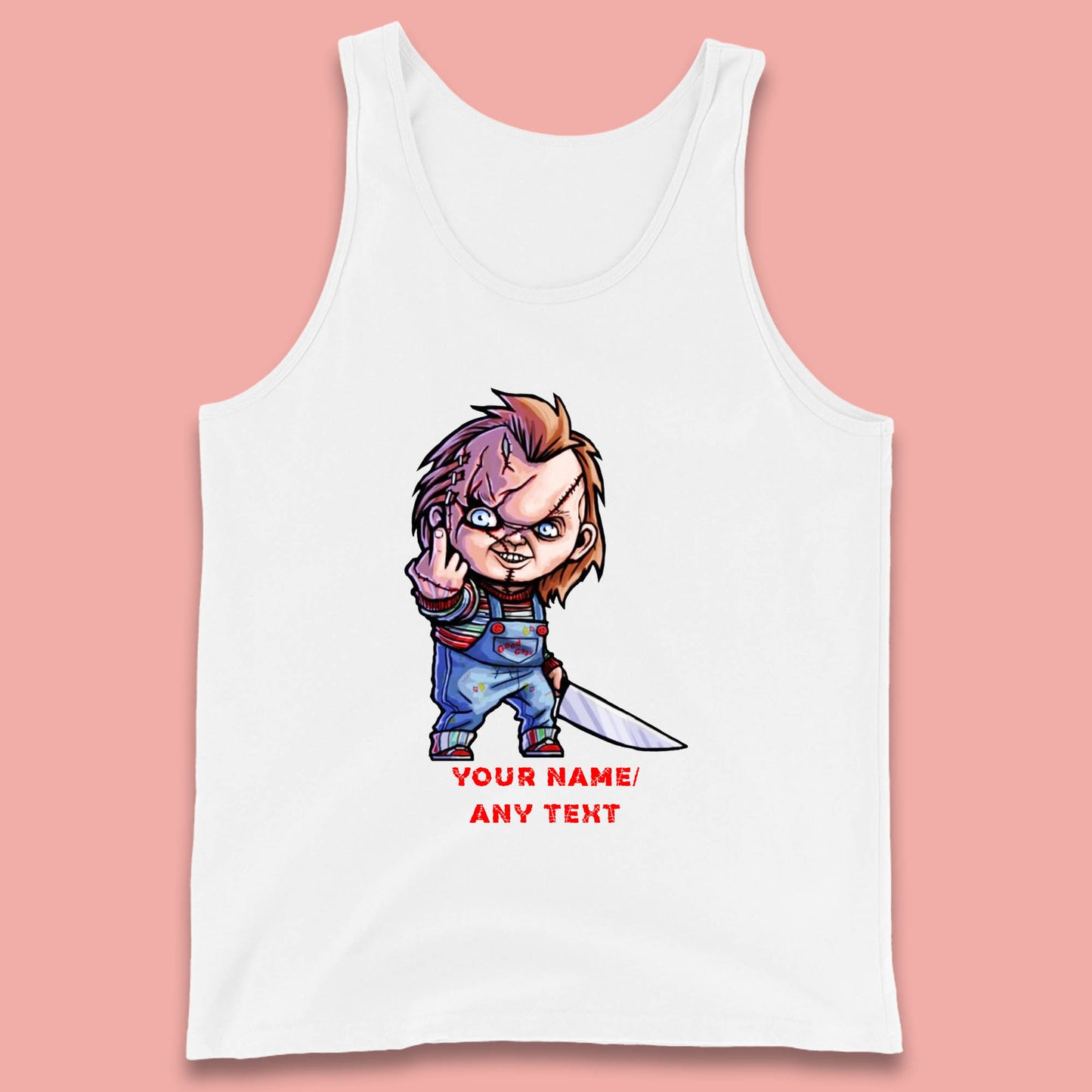 Personalised Chucky With Knife Your Name Or Text Halloween Horror Movie Character Tank Top