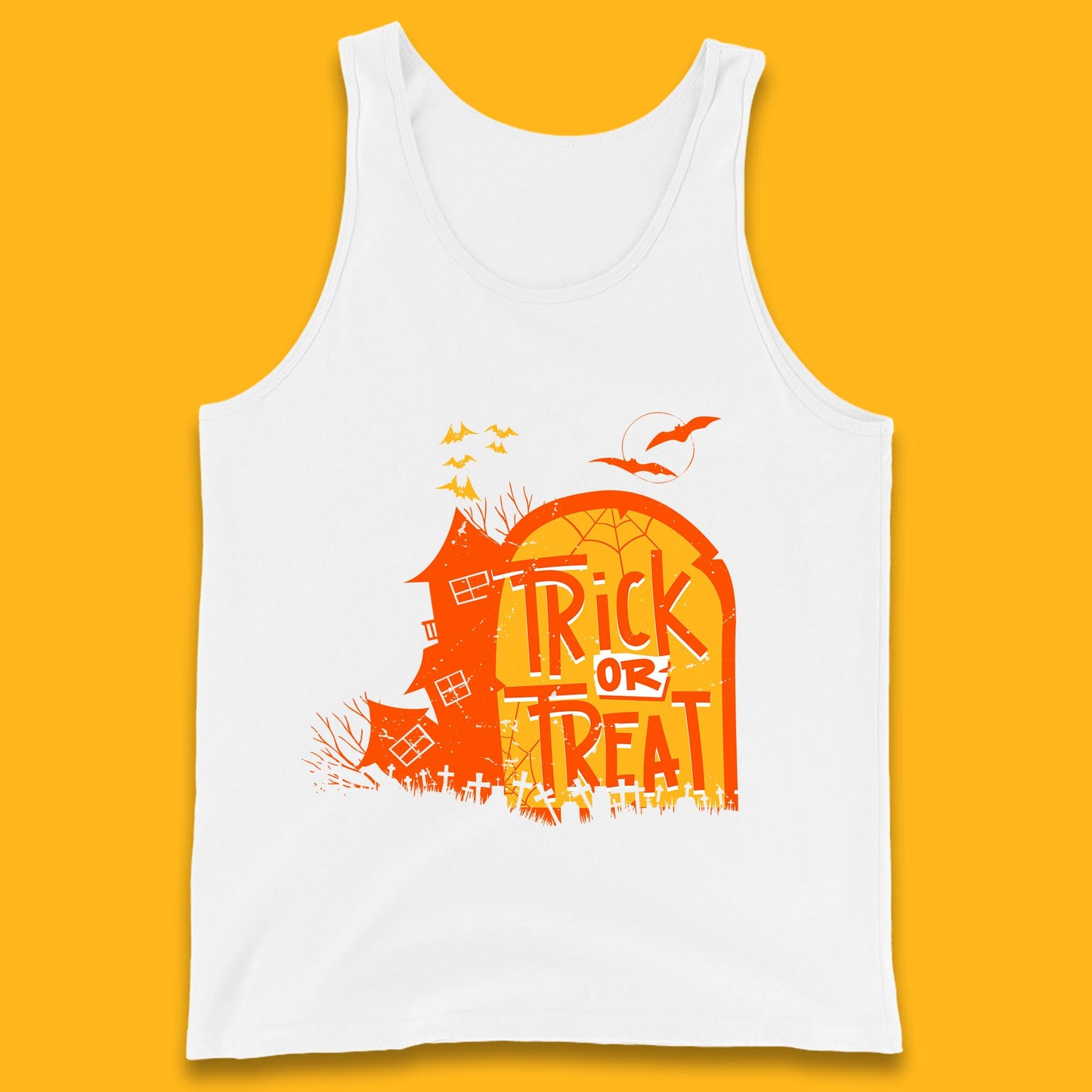 Trick Or Treat Halloween Terrific Abandoned Haunted House Flying Bats Tank Top