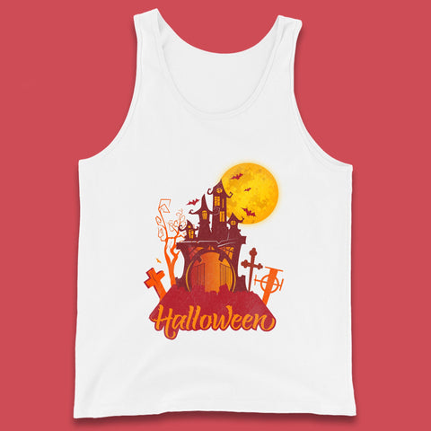 Halloween Lettering With Full Moon Scary Haunted House Flying Bats Horror Graveyard Tank Top
