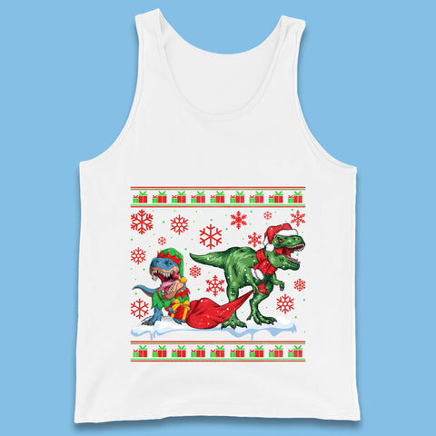 Santa Elf Dinosaur Trex Wearing Christmas Santa Claus And Elf Costume And Holding A Gift Bag Xmas Tank Top