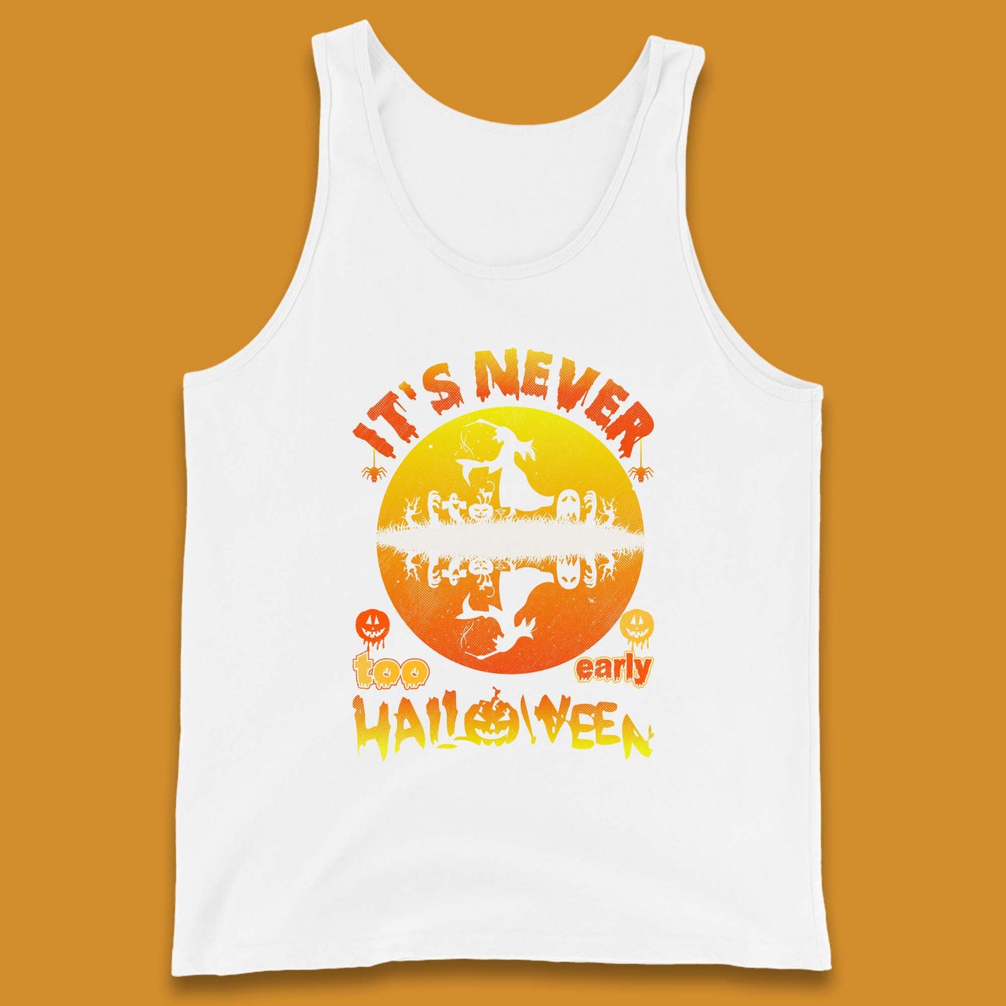 It's Never Too Early Halloween Witch Flying On Broomstick Over Lake Scary Spooky Season Tank Top