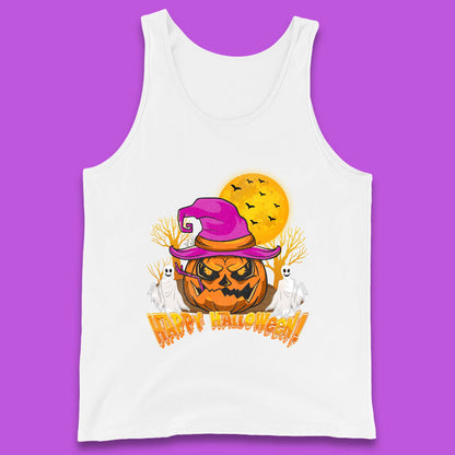 Happy Halloween Pumpkin Witch Hat Jack-o'-lantern With Full Moon Flying Bats Horror Scary Boo Ghost Tank Top