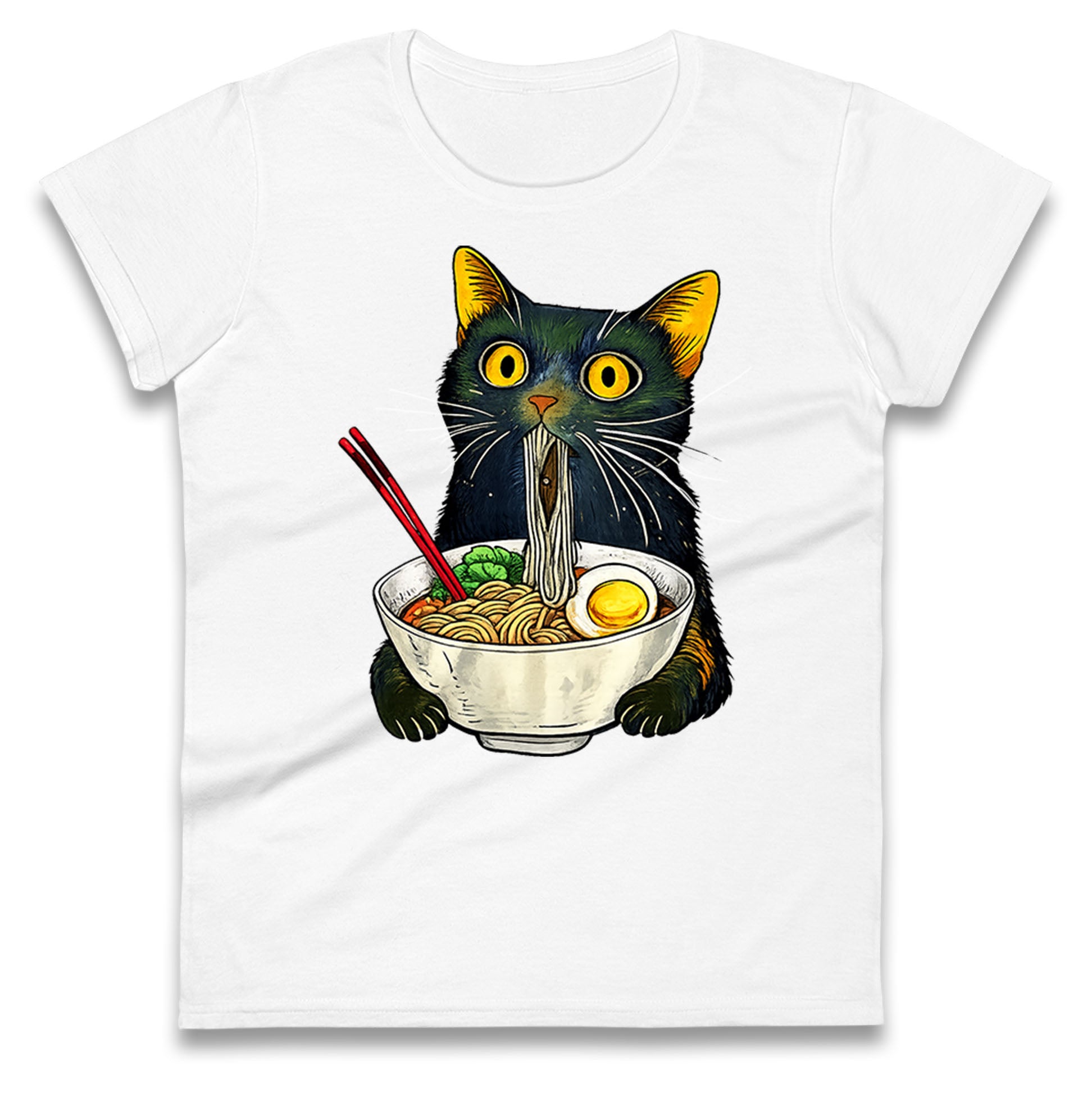 Ramen Noodle Black Cat Foodie Lover Meme Ladies T Shirt