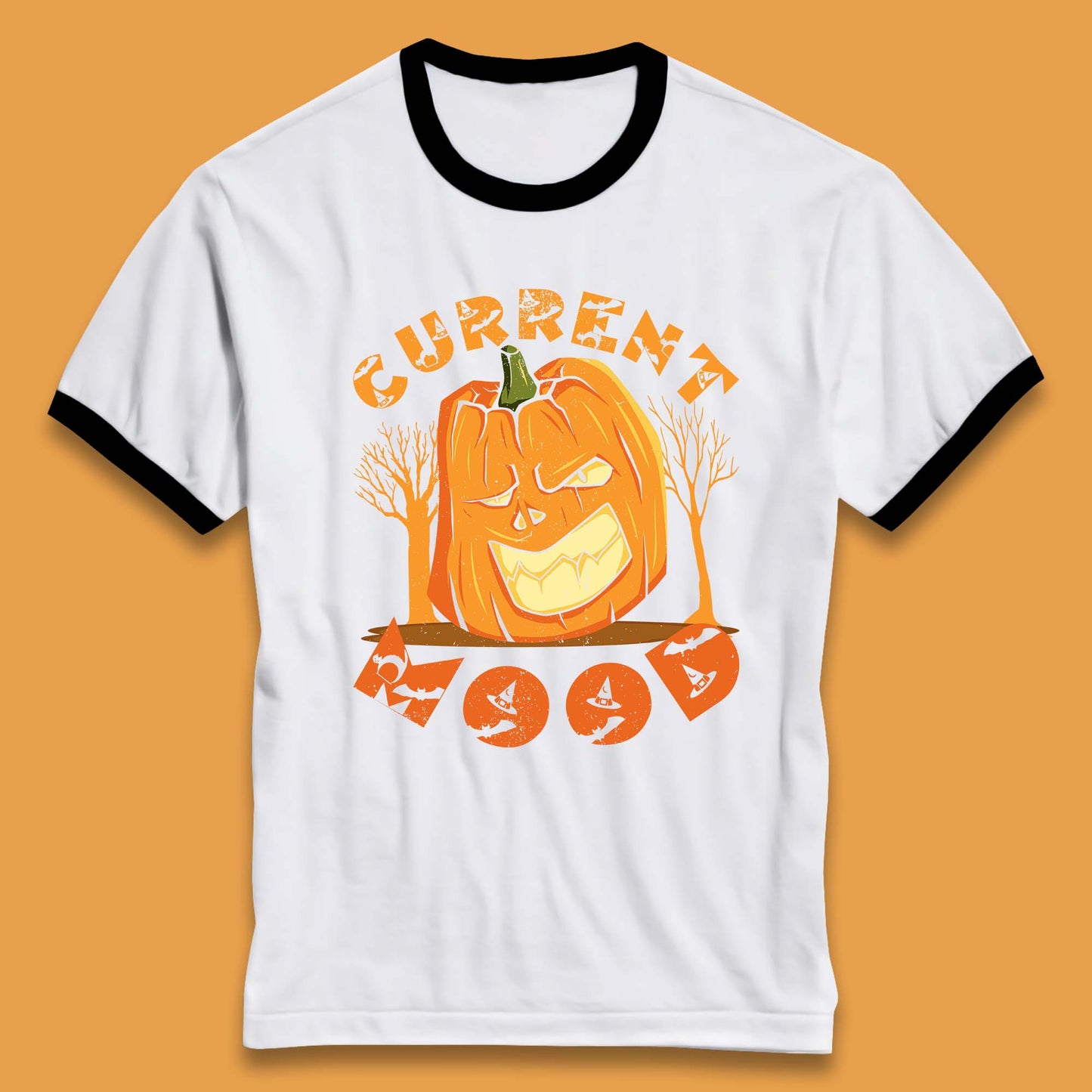 Current Mood Halloween Pumpkin Evil Scary Smile Horror Jack-o-Lantern Ringer T Shirt