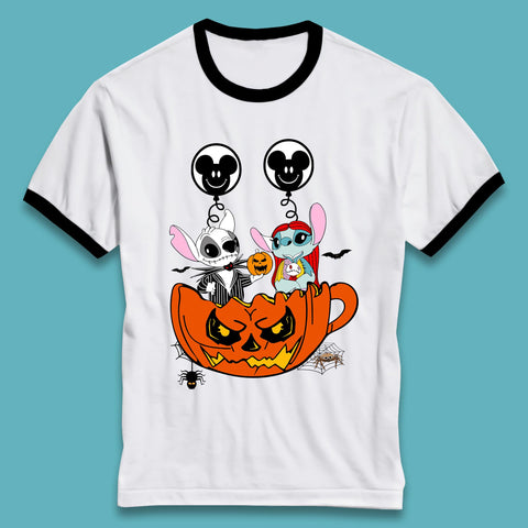 Stitch X Jack And Sally Inside Halloween Pumpkin With Mickey Mouse Balloons Jack And Sally Nightmare Before Christmas Ringer T Shirt