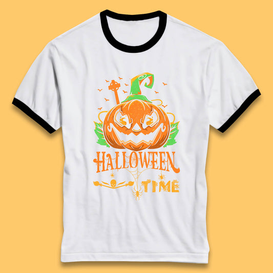 Halloween Time Scary Face Jack O Lantern Horror Pumpkin Halloween Scary Night Ringer T Shirt