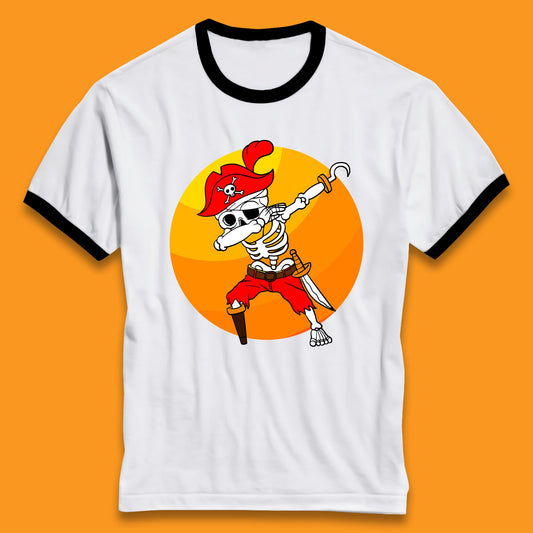Dabbing Pirate Skeleton Halloween Jolly Roger Funny Halloween Costume Ringer T Shirt