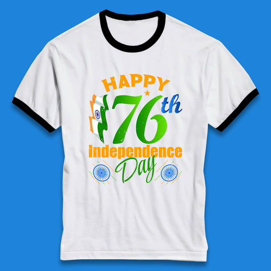Happy India 76th Independence Day 15th August Patriotic Indian Flag Ringer T Shirt