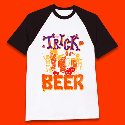 Trick Or Beer Halloween Drinking Beer Lover Dancing Skeleton Drinker Halloween Party Baseball T Shirt