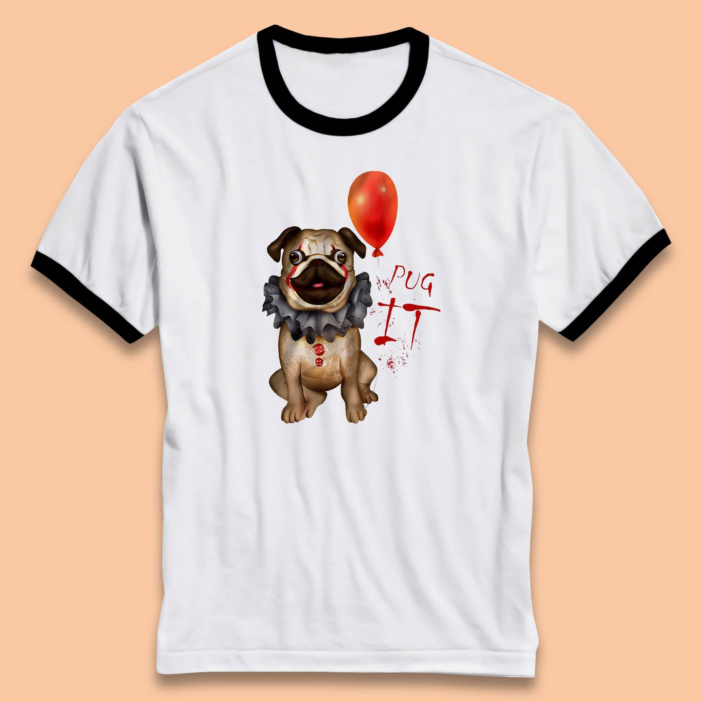 Pug IT Pennywise Clown Dog Spoof Halloween Pug Dog Costume Horror Movie Serial Killer Ringer T Shirt