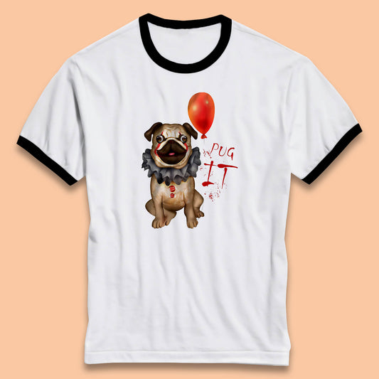 Pug IT Pennywise Clown Dog Spoof Halloween Pug Dog Costume Horror Movie Serial Killer Ringer T Shirt