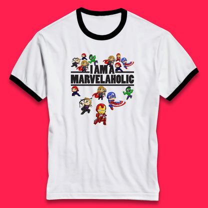 I Am A Marvelaholic Marvel Avengers Super Heroes Movie Characters Black Widow, Hulk, Iron Man, Thor, Captain America Ringer T Shirt