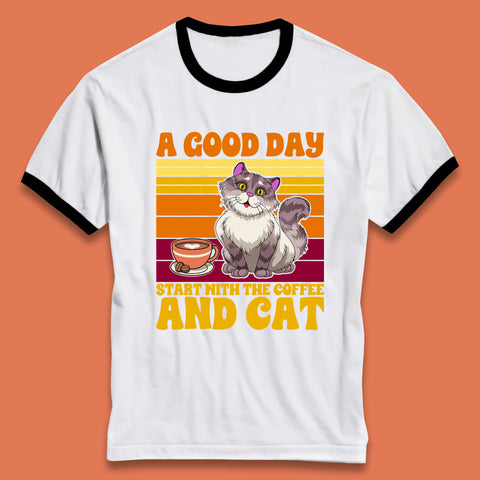 A Good Day Start With The Coffee And Cat Funny Coffee Cats Lovers Ringer T Shirt