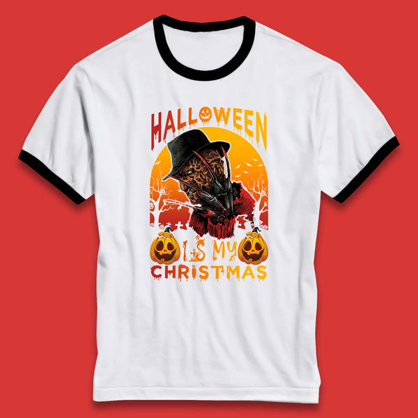 Halloween Is My Christmas Freddy Krueger Horror Movie Character Serial Killer Ringer T Shirt