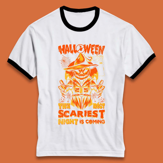 Halloween The Most Scariest Night Is Coming Halloween Scarecrow Jack O Lantern Scary Night Ringer T Shirt
