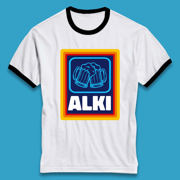 Alki Aldi Drink Pub Beer Joke Funny Parody Novelty Gift Ringer T Shirt