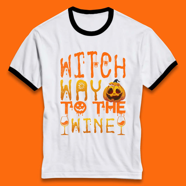 Witch Way To The Wine Funny Halloween Wine Drinking Lover Ringer T Shirt