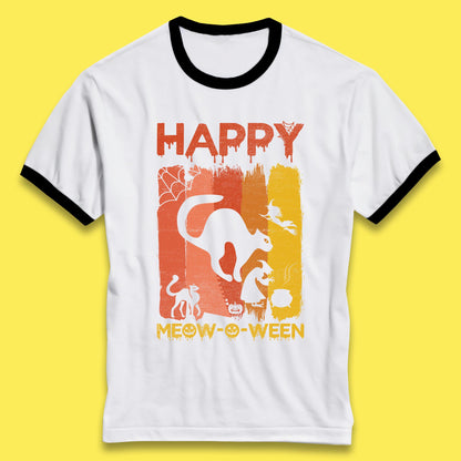 Happy Meow-O-ween Funny Halloween Black Cat Scary Spooky Ringer T Shirt