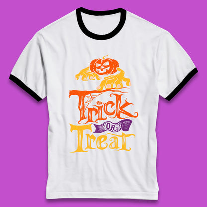 Halloween Trick Or Treat Horror Scary Evil Pumpkin With Zombie Hands Ringer T Shirt