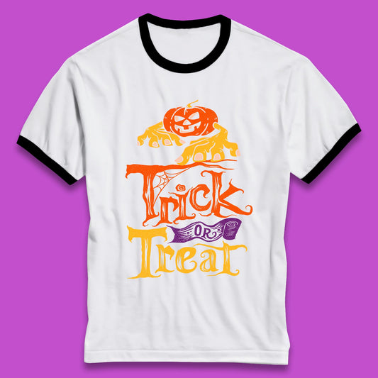 Halloween Trick Or Treat Horror Scary Evil Pumpkin With Zombie Hands Ringer T Shirt