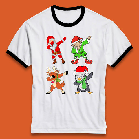 Funny Christmas Characters, Santa Clause, Reindeer, Elf And Penguin Making Dab Move Funny Dabbing Xmas Characters Spread Cheer Ringer T Shirt