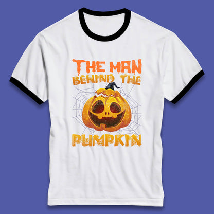 The Man Behind The Pumpkin Halloween Pregnancy Baby Announcement New Dad Gift Ringer T Shirt