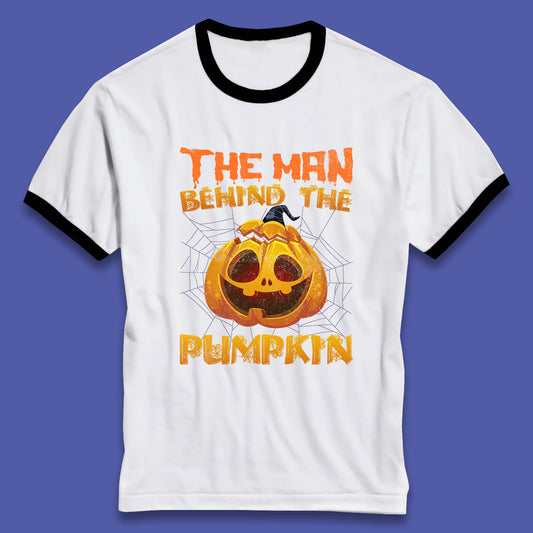 The Man Behind The Pumpkin Halloween Pregnancy Baby Announcement New Dad Gift Ringer T Shirt