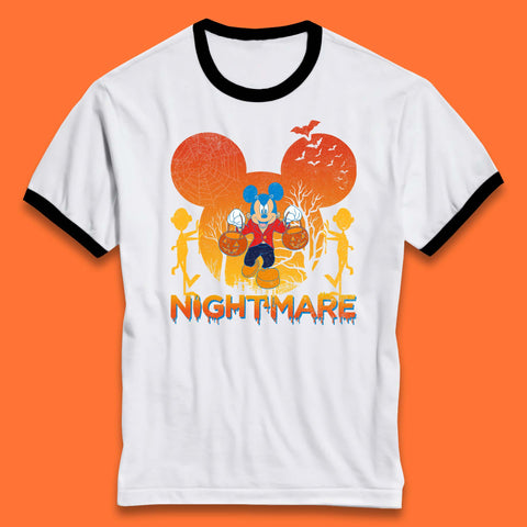 Halloween Nightmare Disney Mickey Mouse Holding Pumpkin Bucket Horror Scary Disneyland Trip Ringer T Shirt