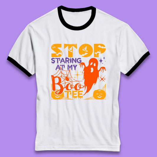 Stop Staring At My Boo Tee Funny Sayings Halloween Ghost Party Ringer T Shirt
