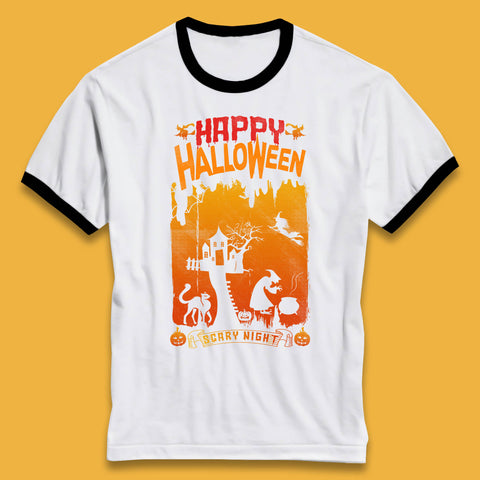 Happy Halloween Horror Hunted House Flying Witch Scary Spooky Night Ringer T Shirt