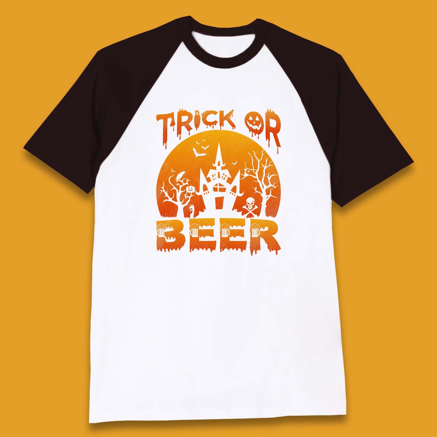 Trick Or Beer Halloween Drinking Beer Lover Horror Haunted House Drinker Halloween Party Baseball T Shirt