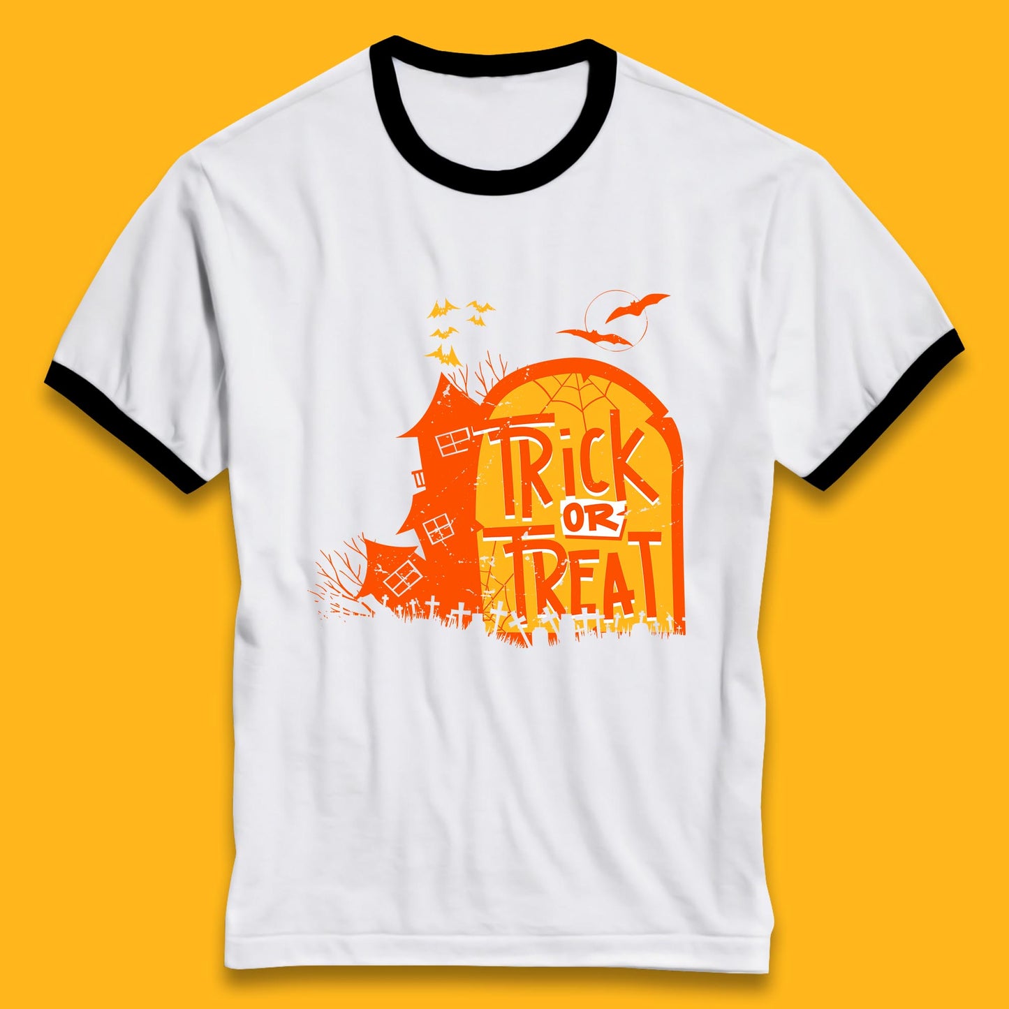 Trick Or Treat Halloween Terrific Abandoned Haunted House Flying Bats Ringer T Shirt