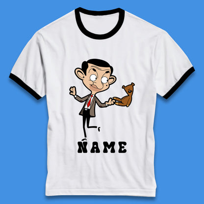 Personalised Mr Bean And Teddy Bear Your Name Comedy Cartoon Animated Series Ringer T Shirt