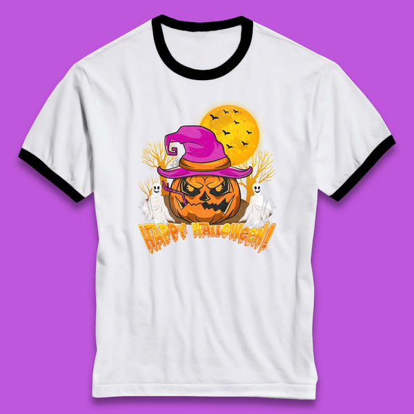 Happy Halloween Pumpkin Witch Hat Jack-o'-lantern With Full Moon Flying Bats Horror Scary Boo Ghost Ringer T Shirt